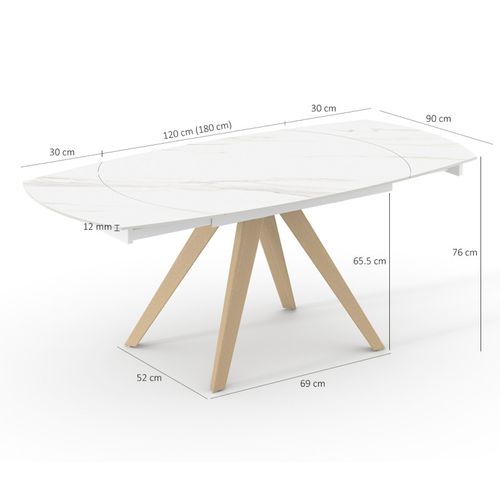 Table Extensible Ovale 120 à 180 Cm Céramique Blanc Pieds Bois - Delfi