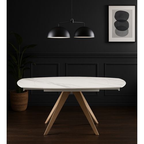 Table Ovale 140 à 200 Cm Céramique Calacatta Blanc Pieds Bois - Delfi
