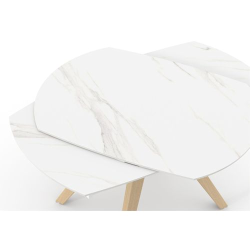 Table Ovale 140 à 200 Cm Céramique Calacatta Blanc Pieds Bois - Delfi