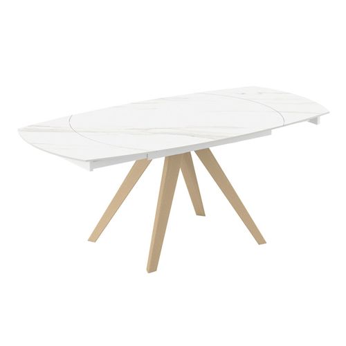 Table Ovale 140 à 200 Cm Céramique Calacatta Blanc Pieds Bois - Delfi