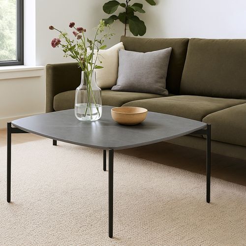 Table Basse Carrée En Céramique Gris Marbré Et Métal Noir - Jerry