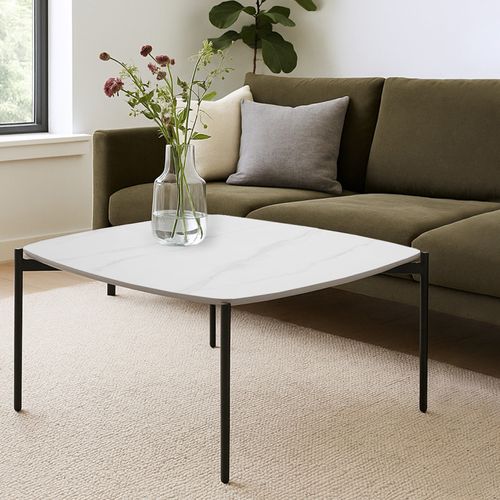 Table Basse Carrée En Céramique Blanc Marbré Et Métal Noir - Jerry