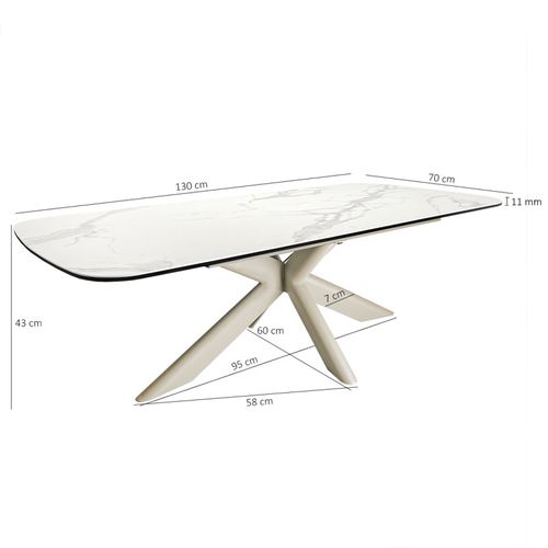 Table Basse 130 Cm Céramique Blanc Pied Croix Métal Beige - Livano