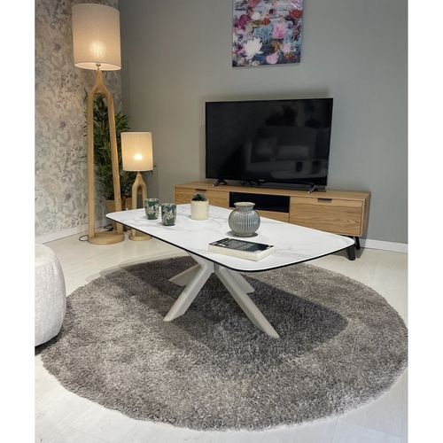 Table Basse 130 Cm Céramique Blanc Pied Croix Métal Beige - Livano