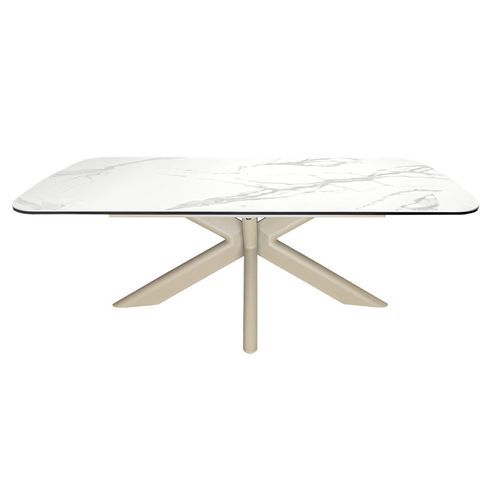 Table Basse 130 Cm Céramique Blanc Pied Croix Métal Beige - Livano