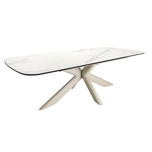 Table Basse 130 Cm Céramique Blanc Pied Croix Métal Beige - Livano