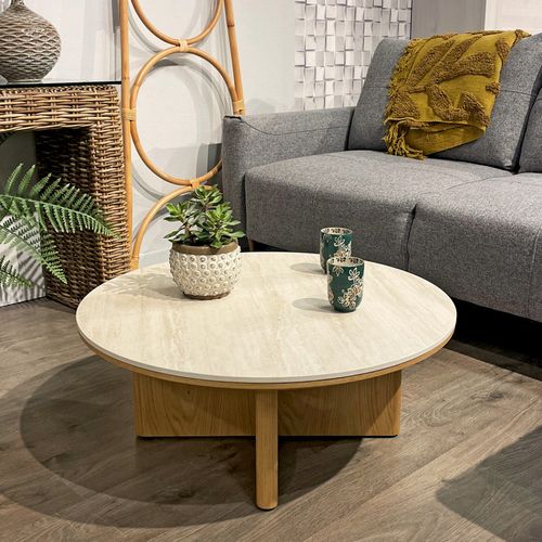 Table Basse Ronde 80 Cm Bois Et Céramique Beige Pied Aéré – Dove