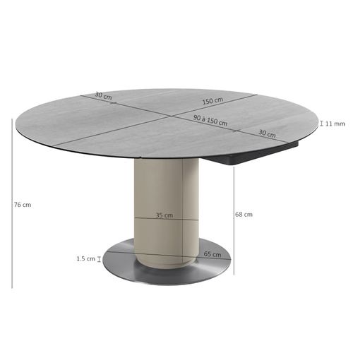 Table Extensible Ronde 90 à 150 Cm En Céramique Gris Pied Central - Pivo