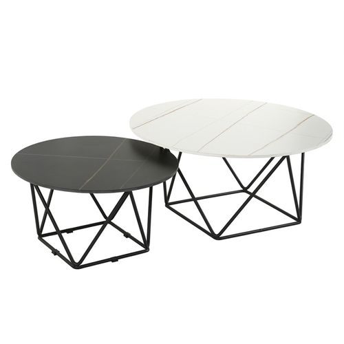 Set De 2 Tables Basses Rondes Noir Et Blanc Céramique Marbrée - Ashe