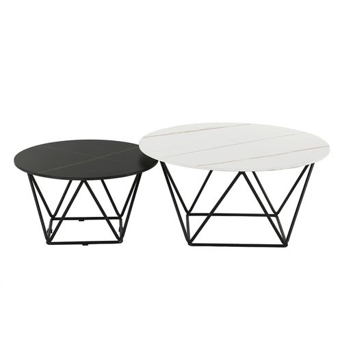 Set De 2 Tables Basses Rondes Noir Et Blanc Céramique Marbrée - Ashe