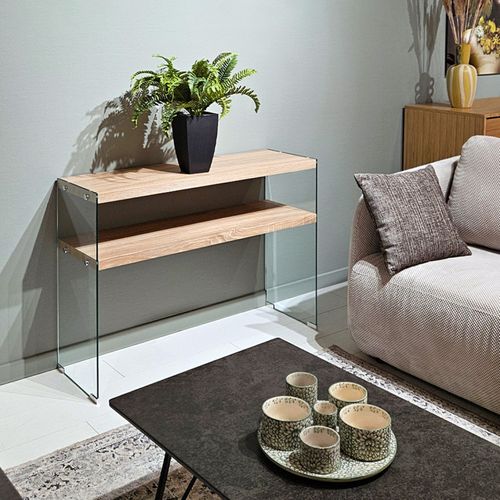 Console L. 110 Cm En Verre Trempé Et Étagères Effet Chêne Clair - Ice
