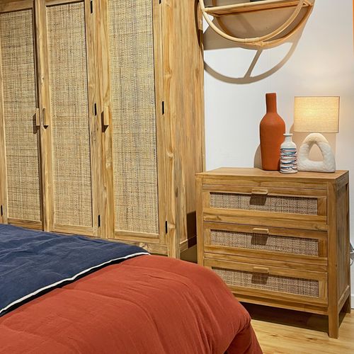 Commode H. 73 Cm 3 Tiroirs En Teck Et Cannage Rotin – Camilo