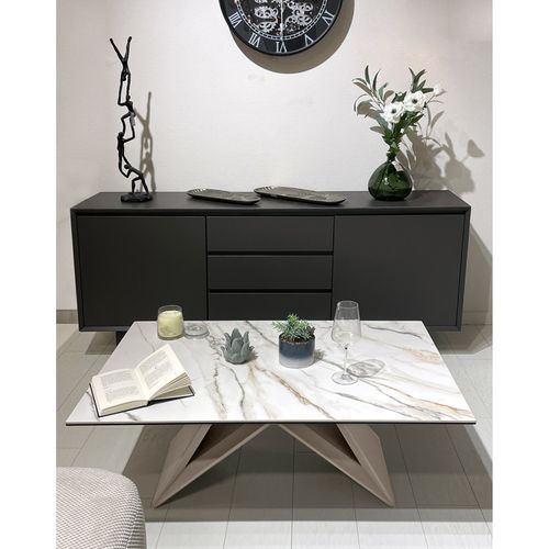 Table Basse 110 Cm Céramique Blanc Marbré Pied Métal Beige - Isaure