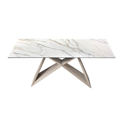Table Basse 110 Cm Céramique Blanc Marbré Pied Métal Beige - Isaure