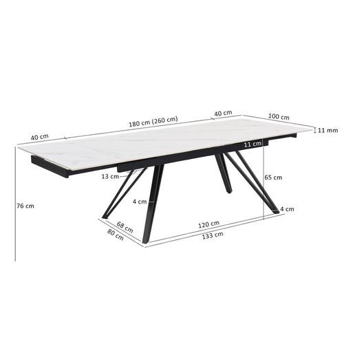 Table Extensible 180 à 260 Cm Céramique Blanc Marbré Pieds En V - Nevada 10