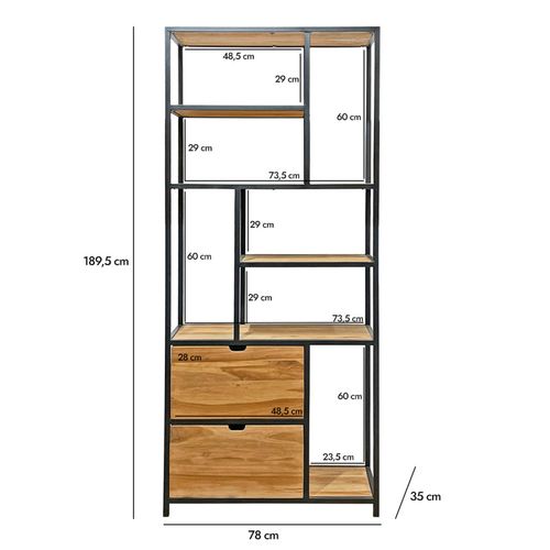 Bibliothèque 190 Cm 5 Étages 2 Tiroirs Bois Teck Et Métal – Priestly