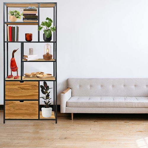 Bibliothèque 190 Cm 5 Étages 2 Tiroirs Bois Teck Et Métal – Priestly