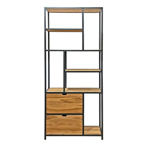 Bibliothèque 190 Cm 5 Étages 2 Tiroirs Bois Teck Et Métal – Priestly