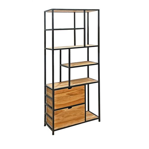 Bibliothèque 190 Cm 5 Étages 2 Tiroirs Bois Teck Et Métal – Priestly