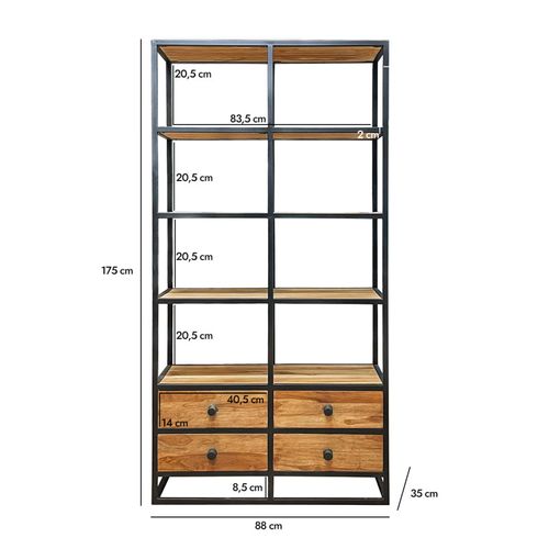 Bibliothèque 175 Cm 4 Étages 4 Tiroirs Bois Teck Et Métal – Cassie