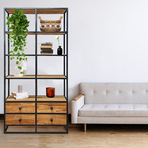 Bibliothèque 175 Cm 4 Étages 4 Tiroirs Bois Teck Et Métal – Cassie