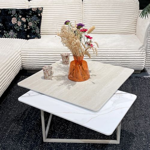 Table Basse Rotative 2 Plateaux En Céramique Et Pied Beige – Thyla
