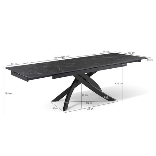 Table Extensible 180 à 260 Cm Céramique Noir Marbré Pied Entrecroisé - Indiana 11