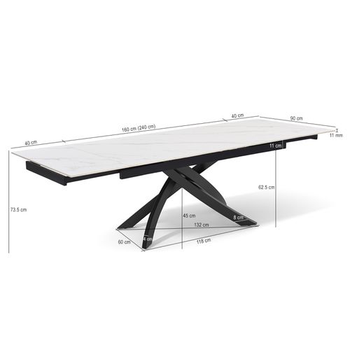 Table Extensible 160 à 240 Cm Céramique Blanc Marbré Pied Entrecroisé - Nevada 11