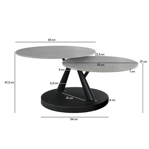 Table Basse Rotative 2 Plateaux Ronds Céramique Gris Pied Noir – Allegra