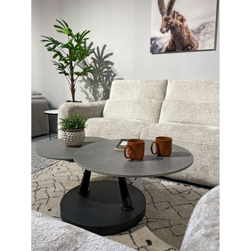 Table Basse Rotative 2 Plateaux Ronds Céramique Gris Pied Noir – Allegra