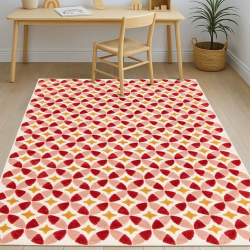 Tapis Salon Enfant à Reliefs Moderne Rouge Jaune 120x170