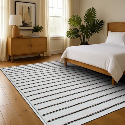 Tapis Salon Aspect Jute  Rayures Noires Blanches 120x160