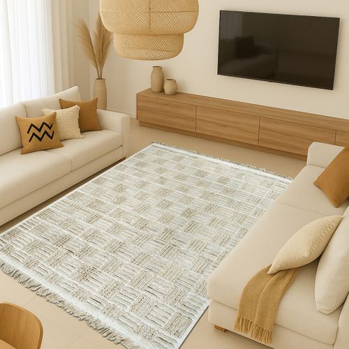 Tapis Salon Damier En Jute Naturel Artisanal Reliefs Beige 120x160 - Style Bohème