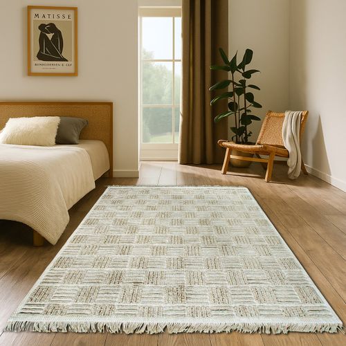 Tapis Salon Damier En Jute Naturel Artisanal Reliefs Beige 120x160 - Style Bohème