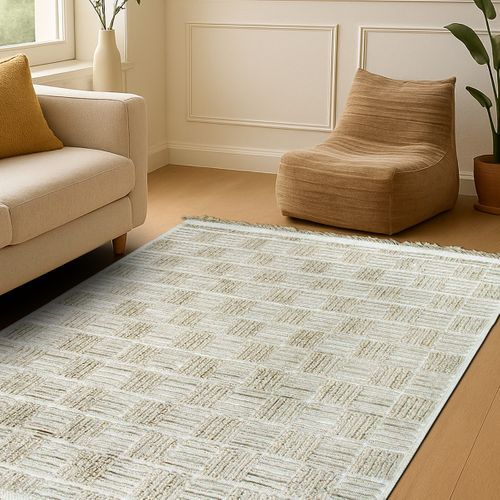Tapis Salon Damier En Jute Naturel Artisanal Reliefs Beige 120x160 - Style Bohème