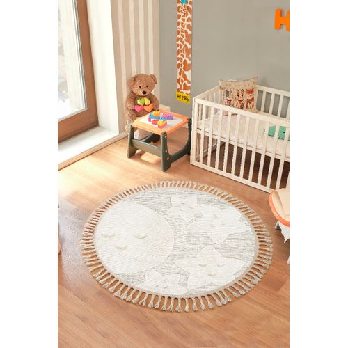 Tapis Salon Enfant Rond Doux Motif Étoiles Blanc 130x130