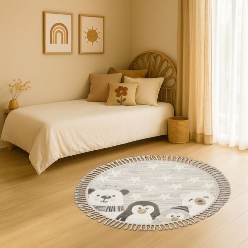 Tapis Salon Enfant Rond Doux Motif Animaux Polaires Blanc 130x130