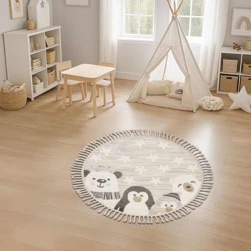 Tapis Salon Enfant Rond Doux Motif Animaux Polaires Blanc 130x130