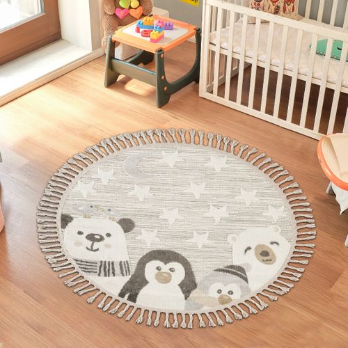 Tapis Salon Enfant Rond Doux Motif Animaux Polaires Blanc 130x130