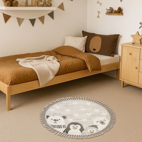 Tapis Salon Enfant Rond Doux Motif Animaux Polaires Blanc 130x130