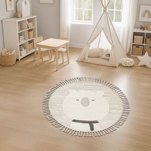 Tapis Salon Rond Enfant Doux Texturé Ours Blanc 130x130