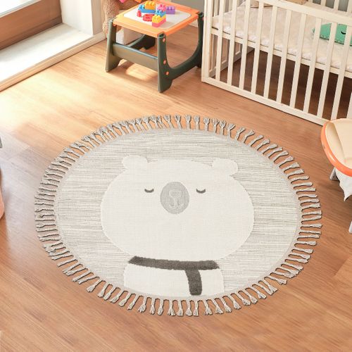 Tapis Salon Rond Enfant Doux Texturé Ours Blanc 130x130