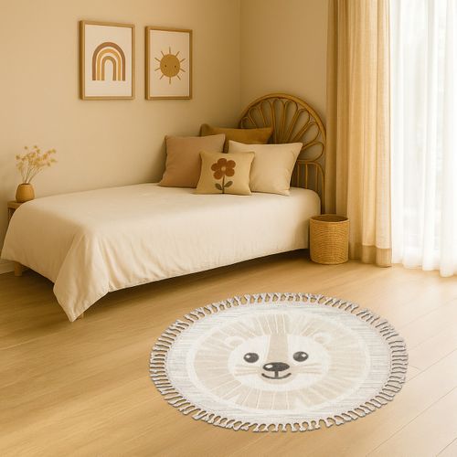 Tapis Salon Rond Enfant Doux Texturé Lion Blanc 130x130