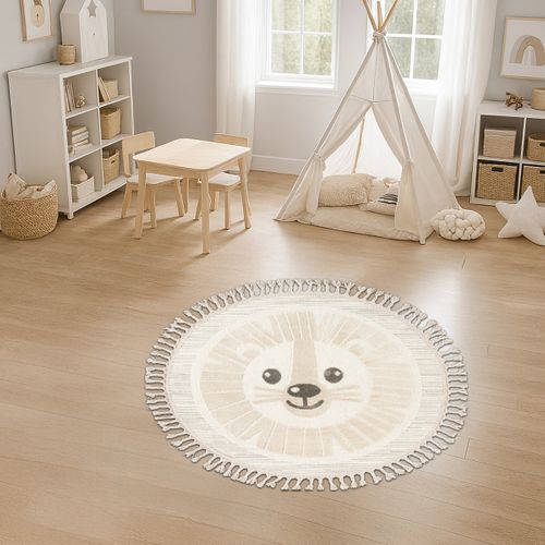 Tapis Salon Rond Enfant Doux Texturé Lion Blanc 130x130