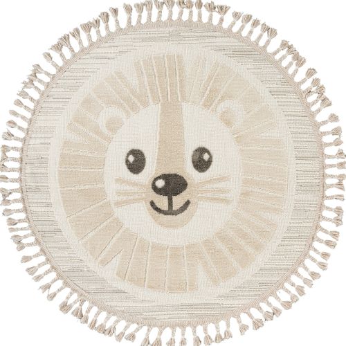 Tapis Salon Rond Enfant Doux Texturé Lion Blanc 130x130