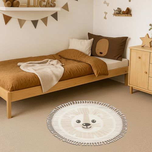 Tapis Salon Rond Enfant Doux Texturé Lion Blanc 130x130