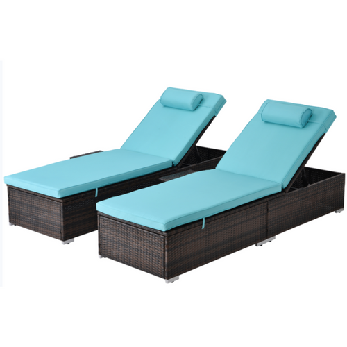 Punta Cana - Lot De 2 Transats Coussins Bleus En Résine Tressée Avec Tablette Latérale
