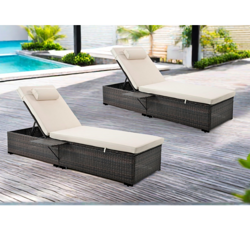 Punta Cana - Lot De 2 Transats Coussins Beiges En Résine Tressée Avec Tablette Latérale