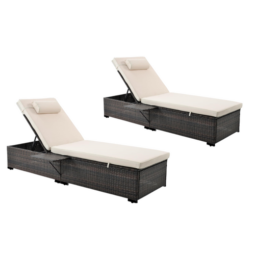 Punta Cana - Lot De 2 Transats Coussins Beiges En Résine Tressée Avec Tablette Latérale