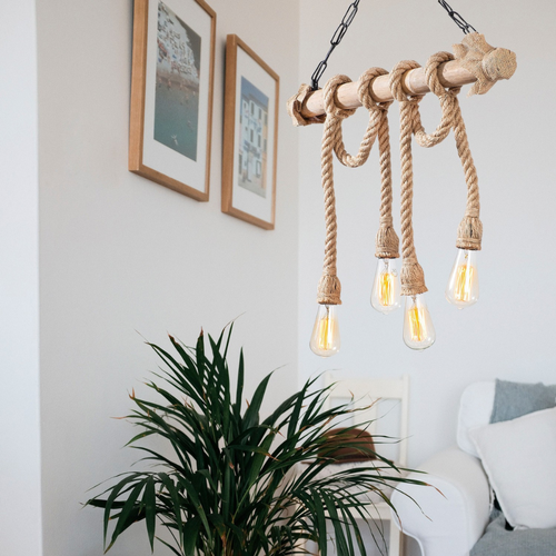 Loane - Suspension Rustique Filaire 4 Lampes Cordes Et Bois